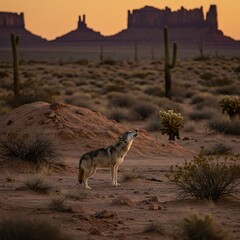 Sunset Howl: Lone Wolf in Desert Majesty
