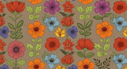 Vibrant Floral Textile Design: Hand-Drawn Blooms on Taupe