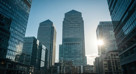 Modern Urban Landscape: Towering Skyscrapers against a Clear Sky Backdrop