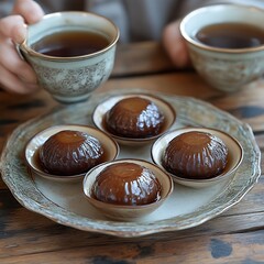 Sweet, glossy dessert treats served in small bowls with tea
