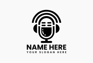 Contemporary vector logo of headphones with mic and audio waves representing podcast and music production  