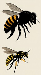 Striped Bees: Vector Illustration, Black & Gold