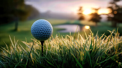 Soft morning light bathes the lush golf course as a solitary golf ball rests on a tee, surrounded by dew-kissed grass, signaling the start of a new day of play.