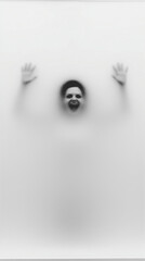 A blurry black-and-white photo of two hands behind foggy glass and a face screaming in terror is pressed on the foggy glass, creating an eerie atmosphere