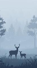 Obraz premium Misty Forest: Deer Silhouette, Serene Blue Hues AI Generated