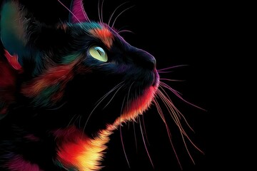 Neon Cat Portrait  Artistic Pet  Colorful Feline  Dark Background  Minimalist Design