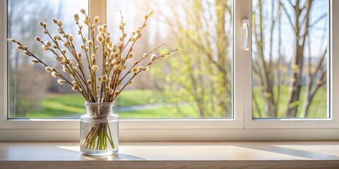 Willow branch arrangement in a vase on windowsill with natural light, nature, spring,  nature