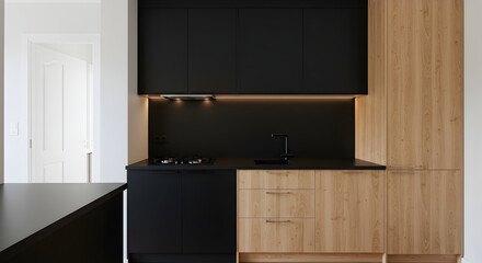 Fototapeta premium Modern Kitchen Design with Black and Natural Wood Cabinets Interior