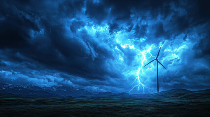 Dramatic Lightning Storm Over Wind Turbine in Dark Blue Clouds and Vibrant Sky