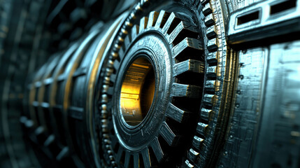 Intricate Close-Up of Metallic Machinery Gears in a Futuristic Industrial Setting