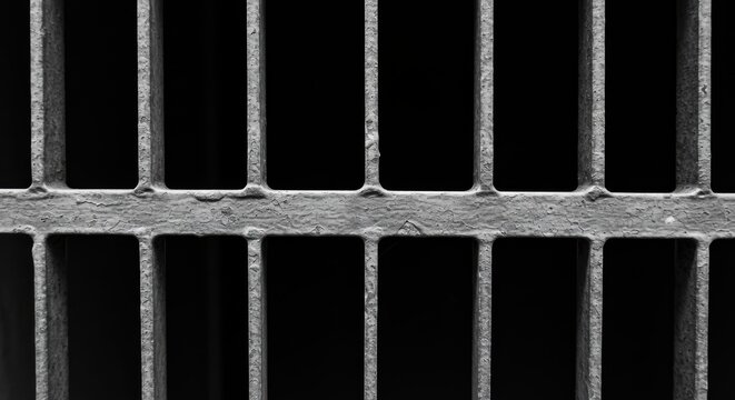 Metal grate implying confinement and restriction, with dark background and parallel bars