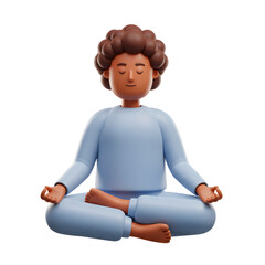 A 3D render shows a person with dark skin and curly brown hair in a light blue outfit meditating in a lotus position, symbolizing a peaceful moment for relaxation or stress reduction.