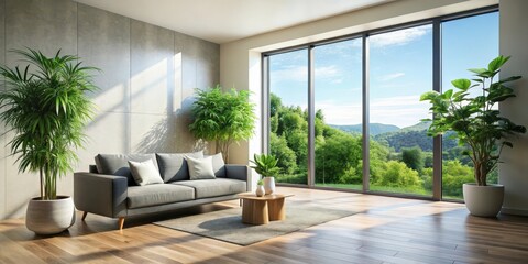 Modern living room with large window showing natural light and a lush green plant on the floor, natural light, modern living room