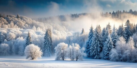 Frozen forest landscape with snow-covered trees in Slovakia, misty atmosphere