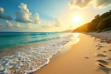 Golden sunlight bathes a pristine sandy shoreline, gentle waves lapping the shore , ripple, seaside