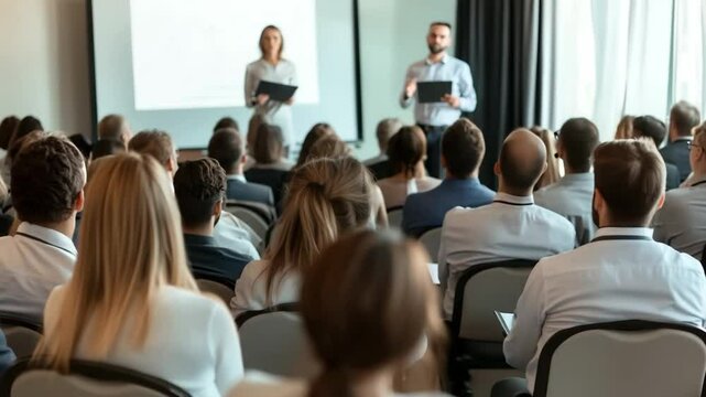 Audience attending a business seminar with speakers presenting in front of a large group