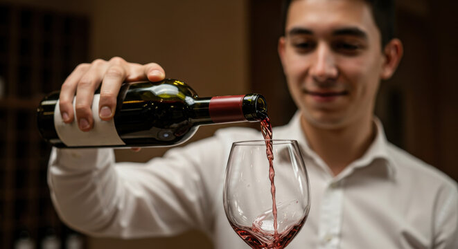 Young man pouring red wine into glass. Sommelier serving wine at tasting event. Wine appreciation, hospitality industry concept. National Wine Day celebration - Powered by Adobe