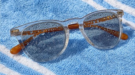 Clear sunglasses with water droplets resting on a blue and white striped towel