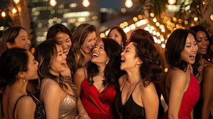 A group of women laughing joyfully on a rooftop at night