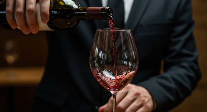 Man pouring red wine into glass. Sommelier serving alcohol beverage. Luxury restaurant experience. Wine tasting event or fine dining concept. National Wine Day celebration.