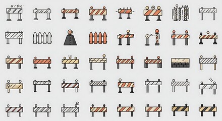 Line Art Icon Collection: Diverse Barrier and Fence Designs in Warm Tones