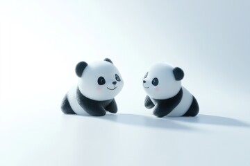 Fototapeta premium Two adorable cartoon panda bears with fluffy black and white fur sit on a seamless white backdrop, looking sweet.