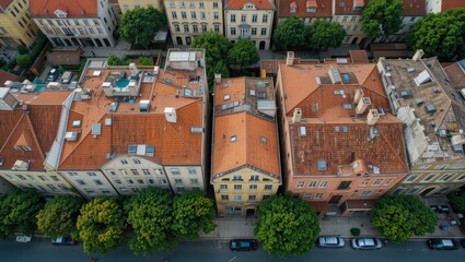 Obraz premium Aerial View of Urban Rooftops with Red Tiled Roofs and Green Trees in a Historic Neighborhood