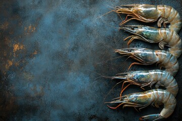 Five raw king prawns on a dark blue, textured surface with copy space. Use for seafood recipes, restaurant promotions, or culinary blogs.