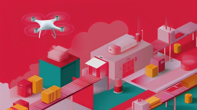 Modern warehouse uses automated guided vehicles and drones for sorting, delivering, and shipping packages and managing inventory efficiently