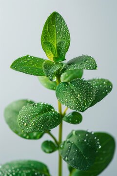 macro shot of fresh thyme sprig with dew drops, plain white background, hyper-realistic style, soft studio lighting, cool green and white tones, centered subject with minimal negative space