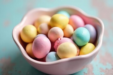 Colorful pastel Easter egg candies in a bowl, close-up shot , bunny, spring celebration