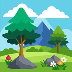 Obraz premium Two trees, a pile of rocks, a bunch of lowers, thick bushes of plants, vast beautiful meadows, and a limitless range of mountains vector on landscape background.