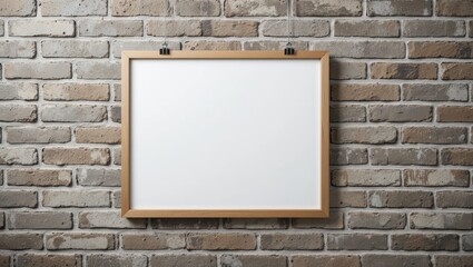 Empty Wooden Frame Hanging on a Rustic Brick Wall for Displaying Artwork or Messages