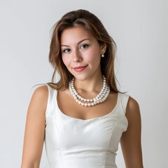 Obraz premium Elegant Young Woman in White Dress with Pearl Necklace and Earrings