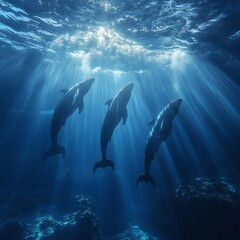 Naklejka premium Dolphins Swimming Underwater with Sunbeams in Deep Blue Ocean
