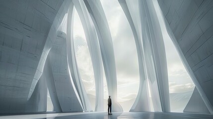 Obraz premium Abstract architectural interior, a figure in a vast, light-filled space