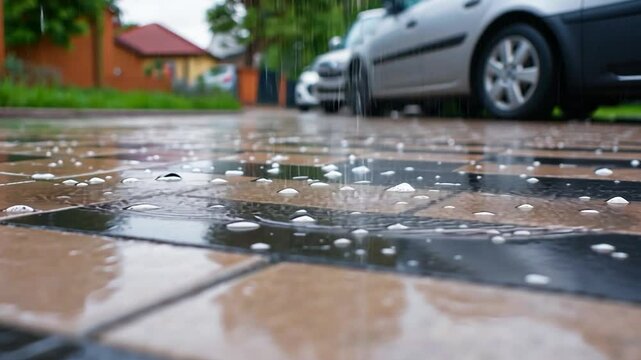 Raindrops on stone pavement reflecting overcast sky texture background