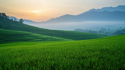 Fototapeta premium Serene Green Rice Terraces Under Soft Sunrise in Misty Mountain Landscape