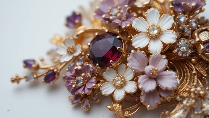 Fototapeta premium Intricately Designed Floral Brooch with Gemstone Accents in Elegant Gold Finish