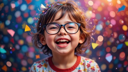 Joyful Child with Glasses Smiling Amidst Colorful Confetti and Bright Background during Celebration