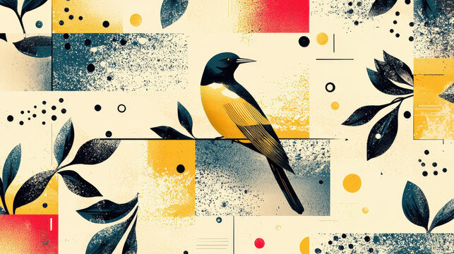 Abstract geometric art with a yellow black bird illustration, featu leaves, squares, dots, and textured patterns in yellow red black blue and beige tones - Powered by Adobe