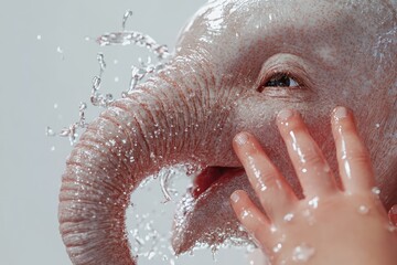 Fototapeta premium Close-up of an elephant's face with water droplets, showing texture, trunk, eye, and human hand, suggesting a moment of connection and freshness.