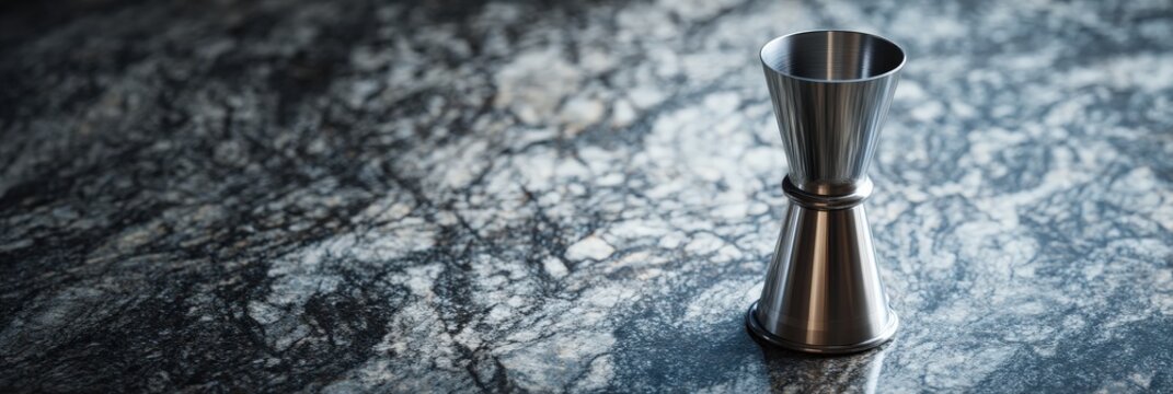 A sleek, stainless steel jigger rests on a dark, mottled countertop.  The minimalist setting accentuates the jigger's simple elegance.