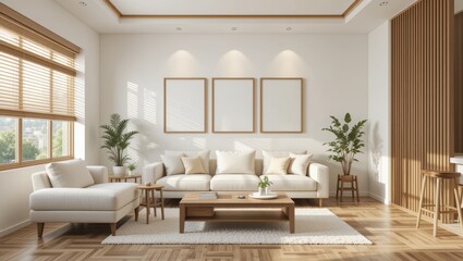 Fototapeta premium Modern and Cozy Living Room with Neutral Tones and Natural Light in Spacious Interior