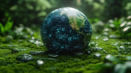 Earth globe in lush, mossy environment