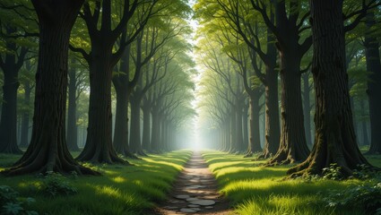 Serene Forest Pathway Surrounded by Towering Trees and Glowing Sunlight in Early Morning