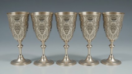 Set of Five Intricately Etched Silver Goblets Displayed Elegantly on a Neutral Background