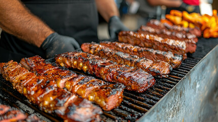Grilled Ribs with Smoky Flavor and Juicy Texture on a Barbecue Grill at Outdoor Cookout Event