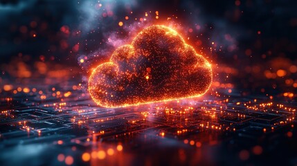 Fiery digital cloud on circuit board
