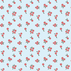 Seamless pattern of red flowers on blue background small